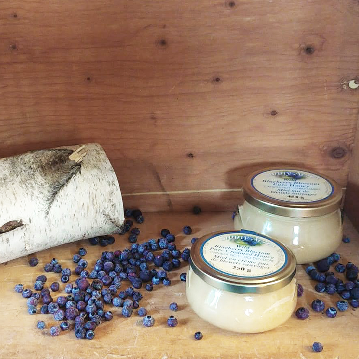 large and small jar creamed 100% natural wild blueberry blossom honey