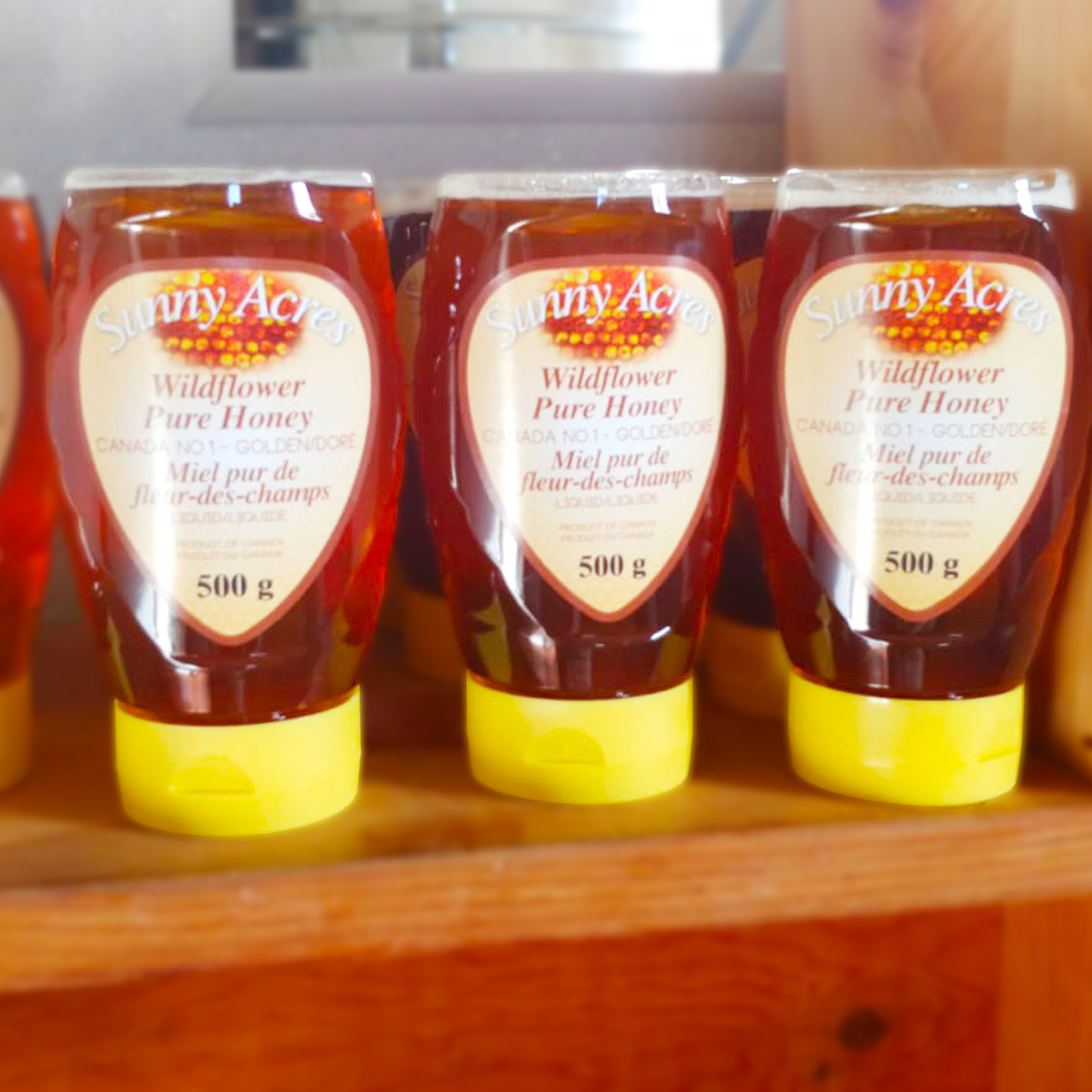wildflower liquid honey in upside-down squeeze bottle