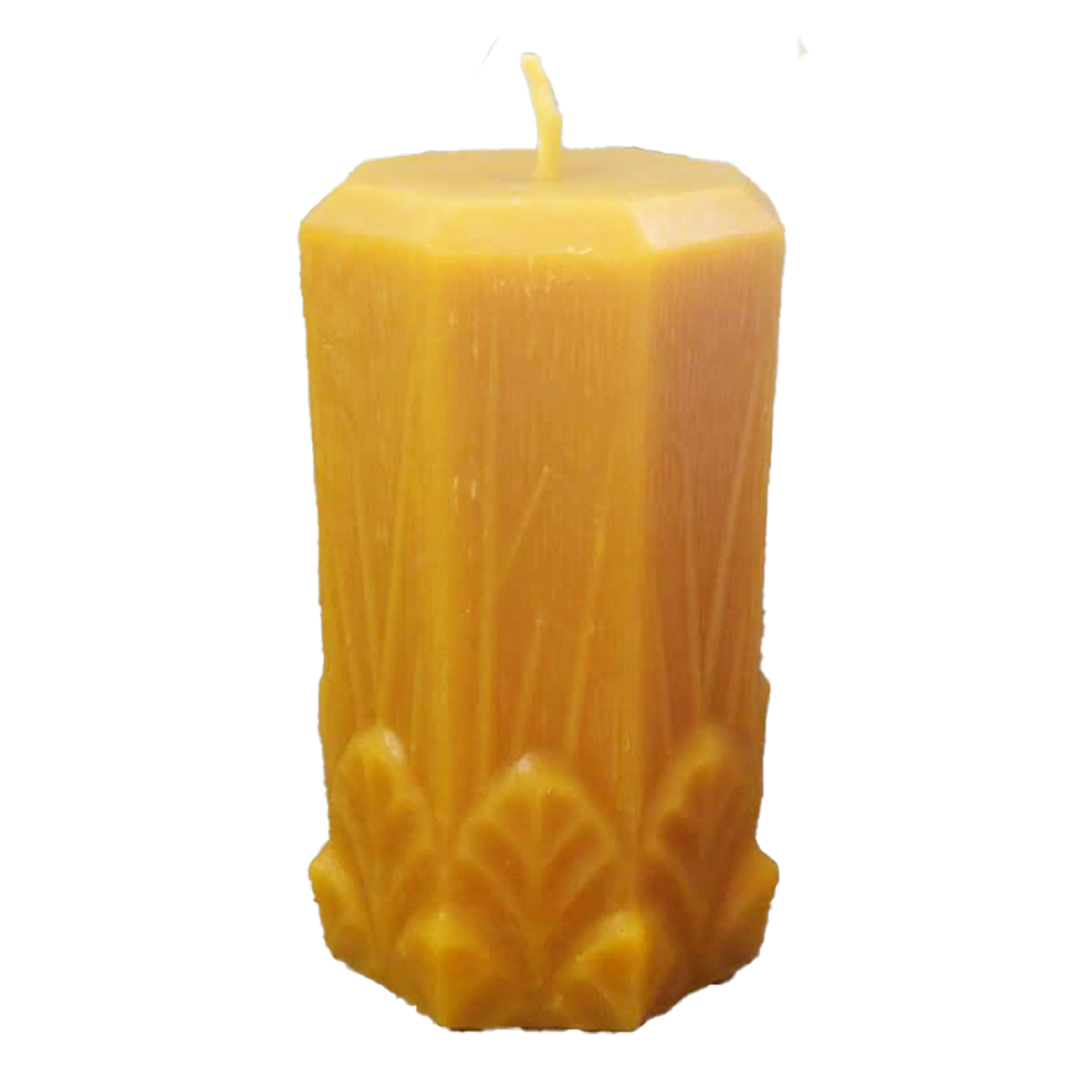 Octagonal pure beeswax candle with garden leaves and grasses at the bottom